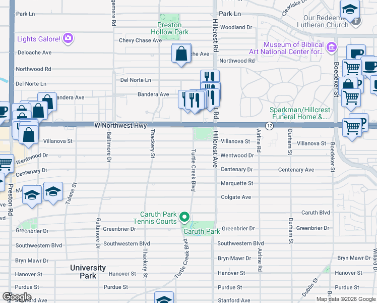 map of restaurants, bars, coffee shops, grocery stores, and more near 3504 Wentwood Drive in Dallas