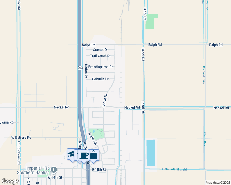 map of restaurants, bars, coffee shops, grocery stores, and more near 490 Morongo Drive in Imperial
