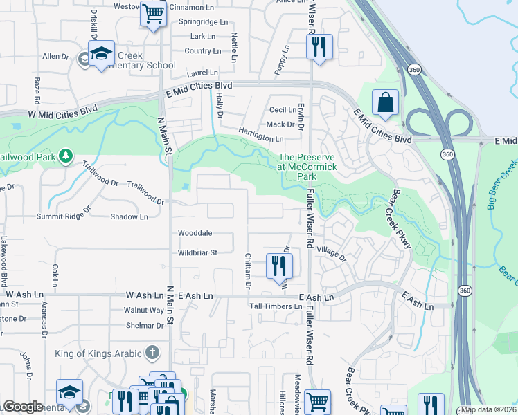 map of restaurants, bars, coffee shops, grocery stores, and more near 406 Fountain Side Drive in Euless