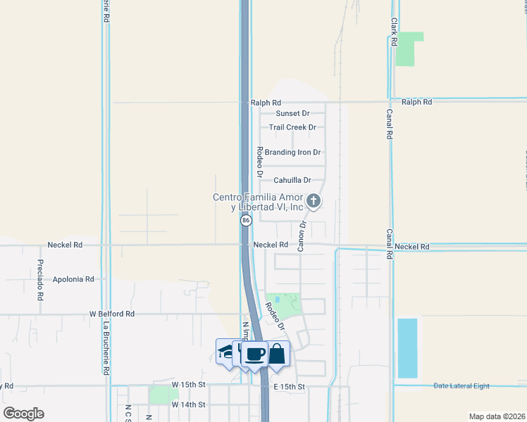 map of restaurants, bars, coffee shops, grocery stores, and more near 140 Morongo Drive in Imperial