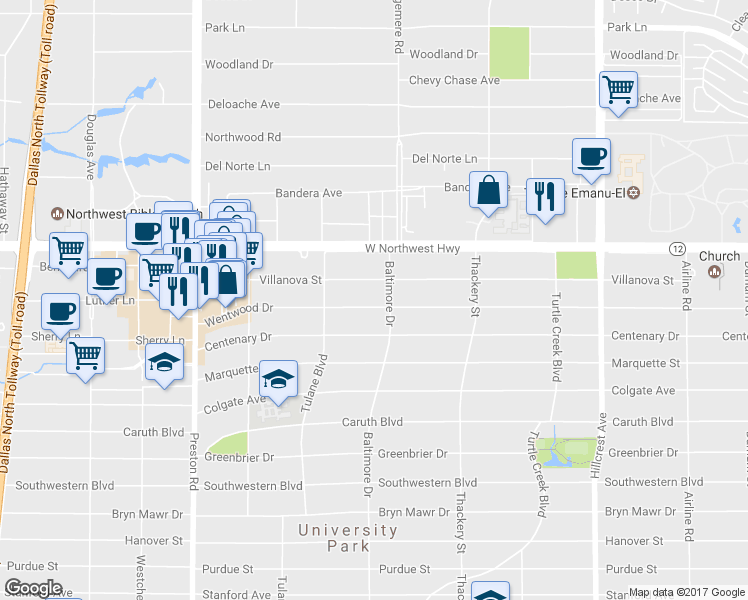 map of restaurants, bars, coffee shops, grocery stores, and more near 3806 Wentwood Drive in Dallas