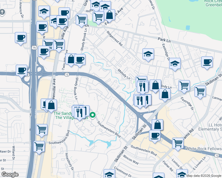 map of restaurants, bars, coffee shops, grocery stores, and more near 6550 Shady Brook Lane in Dallas