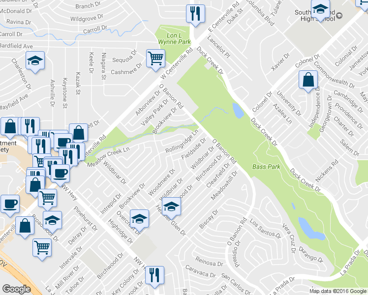 map of restaurants, bars, coffee shops, grocery stores, and more near 342 Rollingridge Lane in Garland