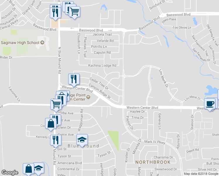 map of restaurants, bars, coffee shops, grocery stores, and more near 1909 Cedar Tree Drive in Fort Worth