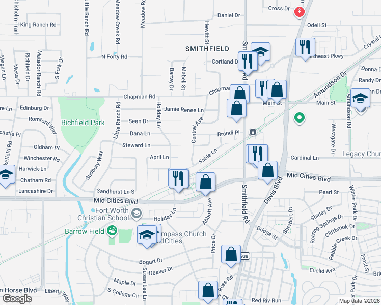 map of restaurants, bars, coffee shops, grocery stores, and more near 6497 Central Avenue in North Richland Hills