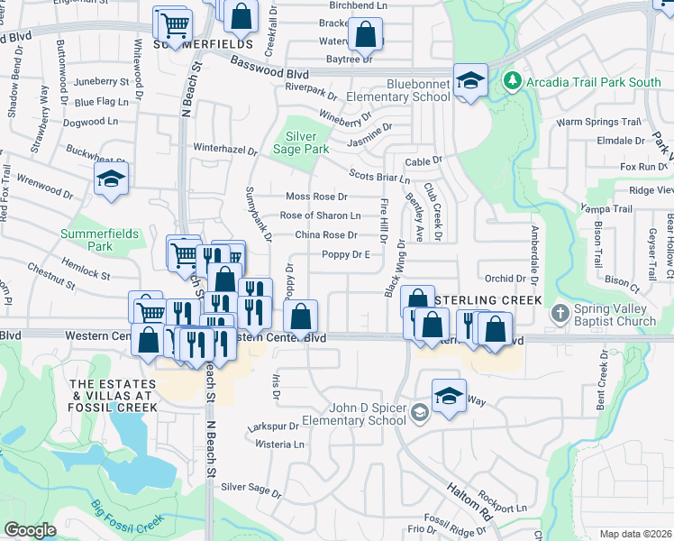 map of restaurants, bars, coffee shops, grocery stores, and more near 6717 Fire Hill Drive in Fort Worth
