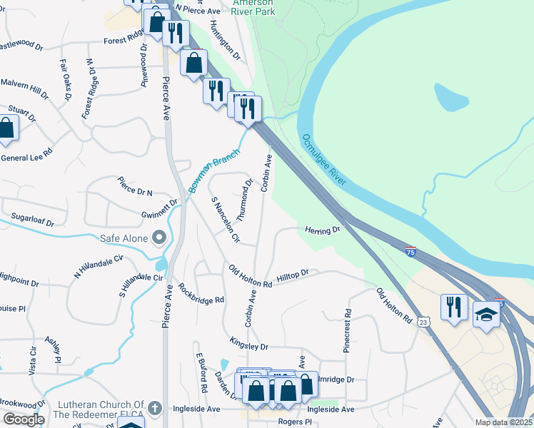 map of restaurants, bars, coffee shops, grocery stores, and more near 759 Corbin Avenue in Macon