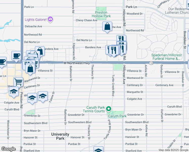map of restaurants, bars, coffee shops, grocery stores, and more near 3552 Wentwood Drive in Dallas