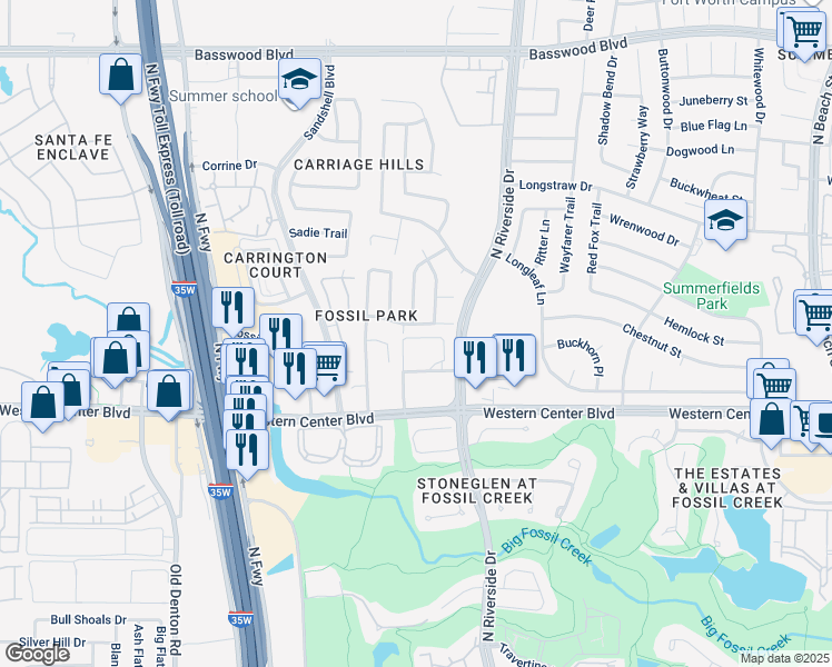map of restaurants, bars, coffee shops, grocery stores, and more near 3504 Paladin Place in Fort Worth