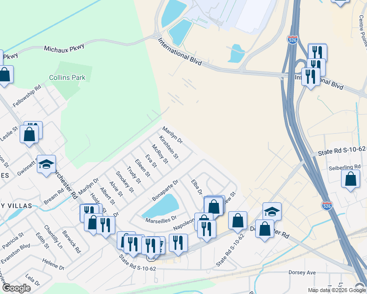 map of restaurants, bars, coffee shops, grocery stores, and more near 5309 Marilyn Drive in North Charleston