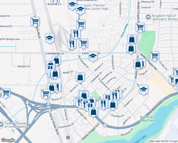 map of restaurants, bars, coffee shops, grocery stores, and more near 9501 Brockbank Drive in Dallas