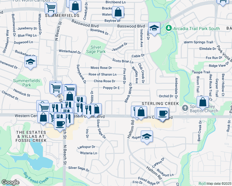 map of restaurants, bars, coffee shops, grocery stores, and more near 6733 Fire Hill Drive in Fort Worth