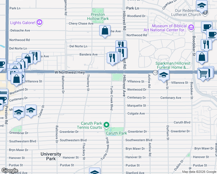 map of restaurants, bars, coffee shops, grocery stores, and more near 3504 Wentwood Drive in Dallas