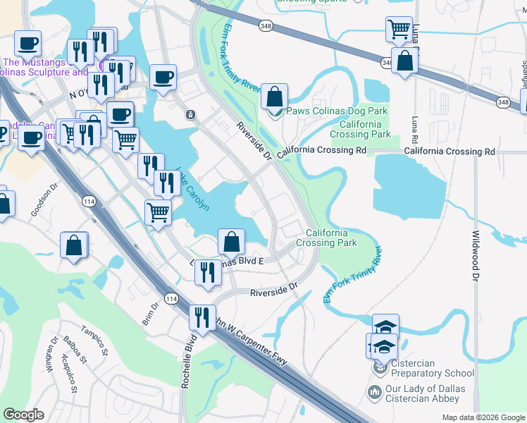 map of restaurants, bars, coffee shops, grocery stores, and more near 620 Lake Carolyn Parkway in Irving