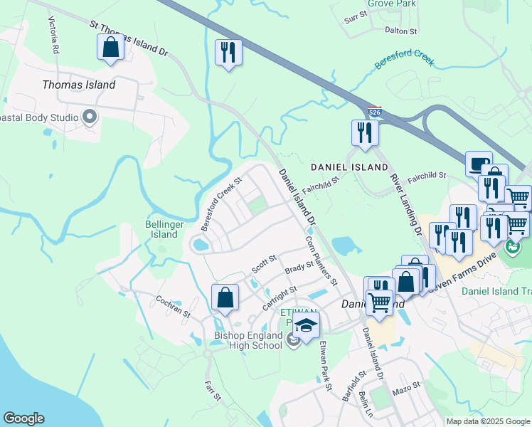 map of restaurants, bars, coffee shops, grocery stores, and more near 209 Fairchild Street in Charleston