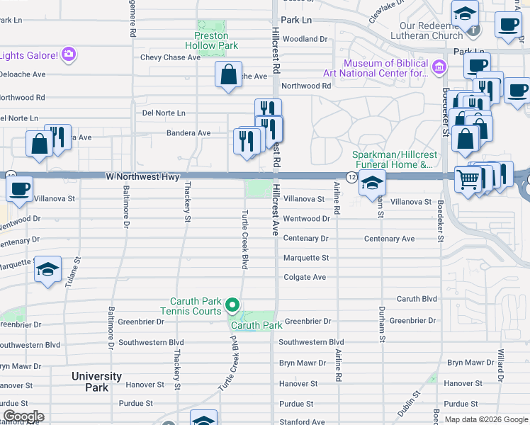 map of restaurants, bars, coffee shops, grocery stores, and more near 3408 Wentwood Drive in Dallas