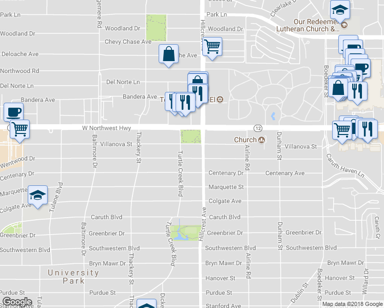 map of restaurants, bars, coffee shops, grocery stores, and more near 3408 Wentwood Drive in Dallas