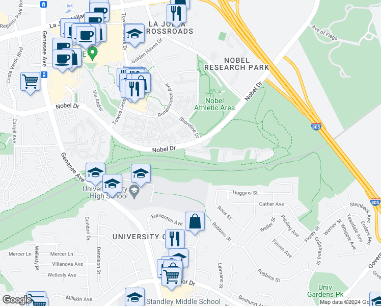 map of restaurants, bars, coffee shops, grocery stores, and more near 7130 Shoreline Drive in San Diego