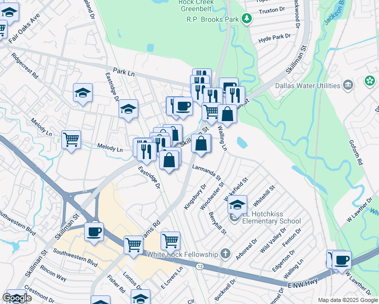 map of restaurants, bars, coffee shops, grocery stores, and more near 6596 Abrams Road in Dallas