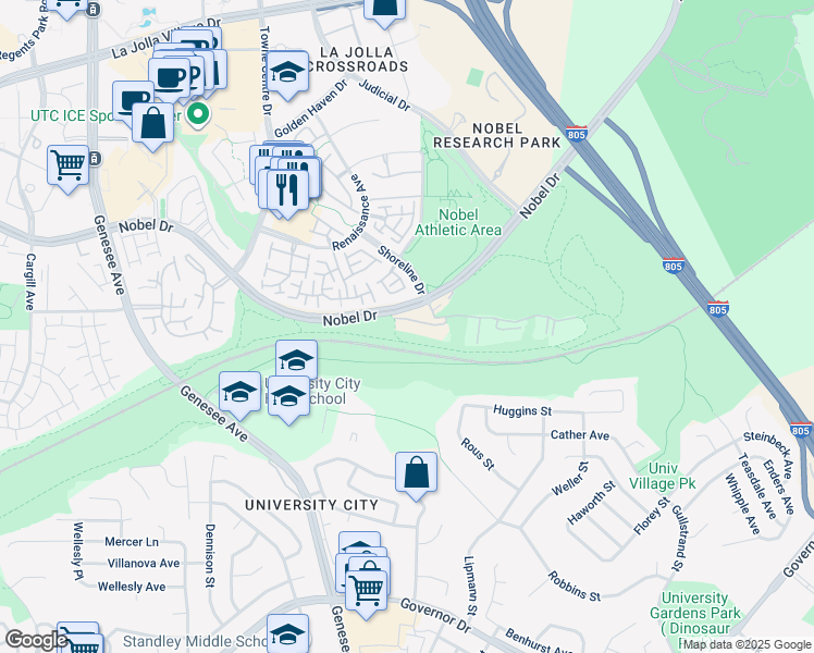 map of restaurants, bars, coffee shops, grocery stores, and more near 7130 Shoreline Drive in San Diego