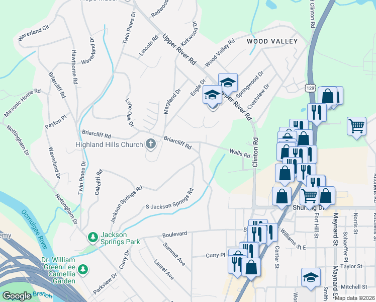 map of restaurants, bars, coffee shops, grocery stores, and more near 1320 Briarcliff Road in Macon