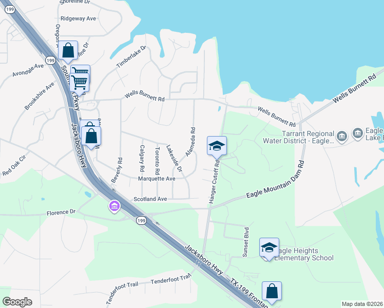 map of restaurants, bars, coffee shops, grocery stores, and more near 512 Alameda Road in Azle