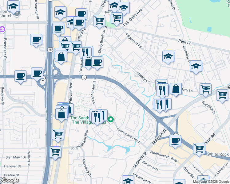 map of restaurants, bars, coffee shops, grocery stores, and more near 6550 Shady Brook Lane in Dallas
