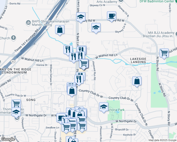 map of restaurants, bars, coffee shops, grocery stores, and more near 4265 Pleasant Run Road in Irving