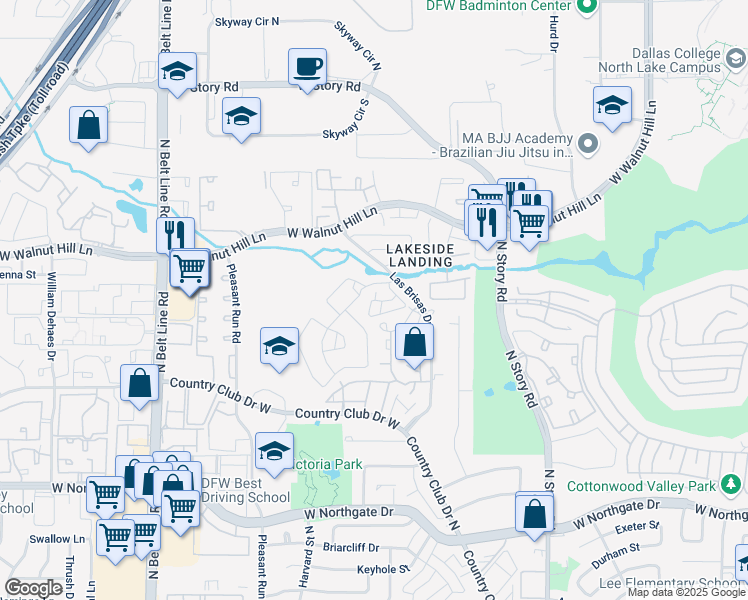 map of restaurants, bars, coffee shops, grocery stores, and more near 4335 Caleta Drive in Irving