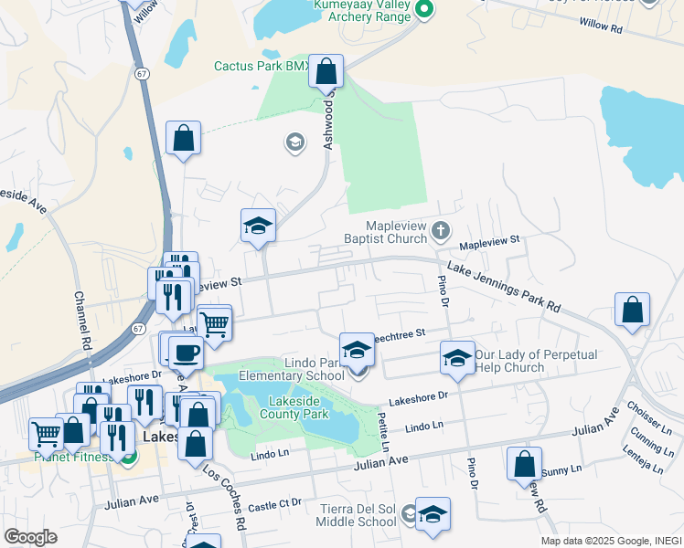 map of restaurants, bars, coffee shops, grocery stores, and more near 12923 Mapleview Street in Lakeside