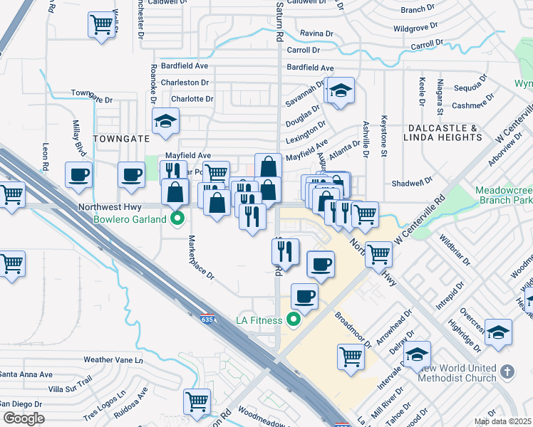 map of restaurants, bars, coffee shops, grocery stores, and more near 1420 Northwest Highway in Garland
