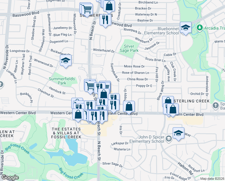 map of restaurants, bars, coffee shops, grocery stores, and more near 4551 Sugar Bush Court in Fort Worth