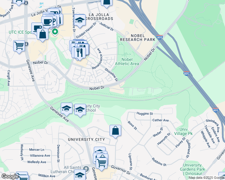 map of restaurants, bars, coffee shops, grocery stores, and more near 7120 Shoreline Drive in San Diego