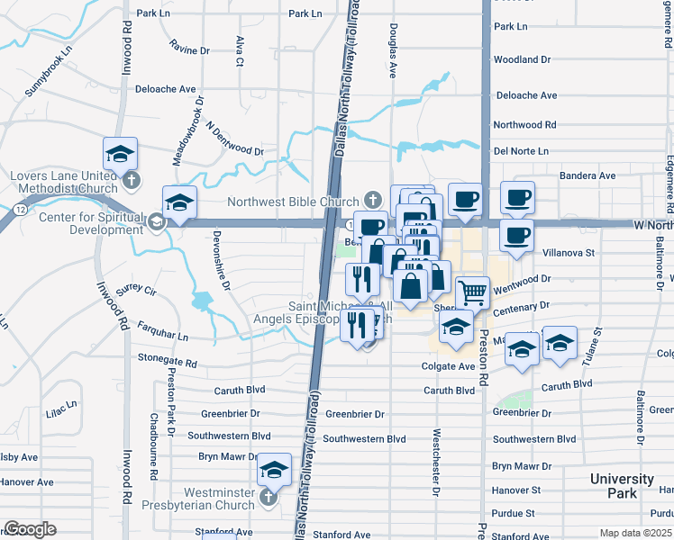map of restaurants, bars, coffee shops, grocery stores, and more near 5905 Luther Lane in Dallas