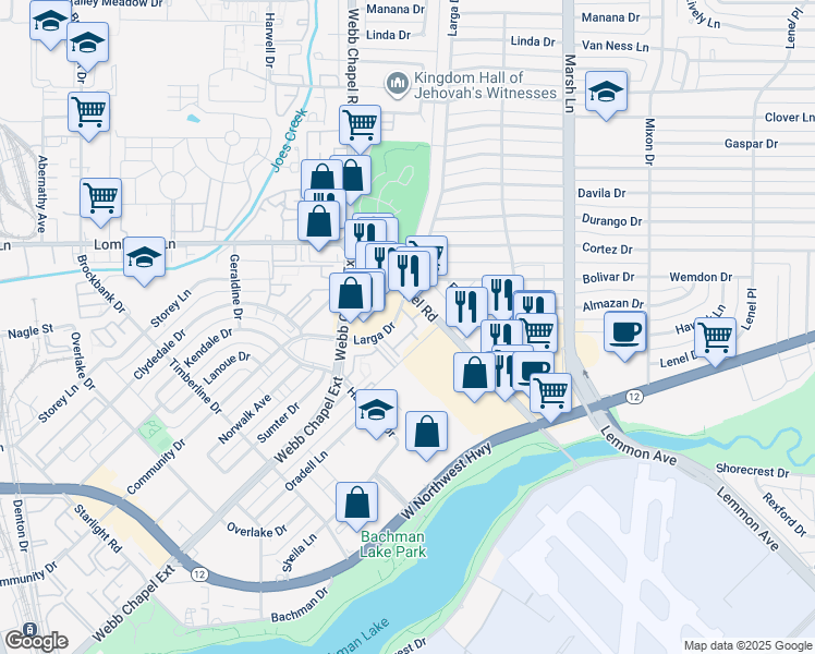 map of restaurants, bars, coffee shops, grocery stores, and more near 9494 Larga Drive in Dallas