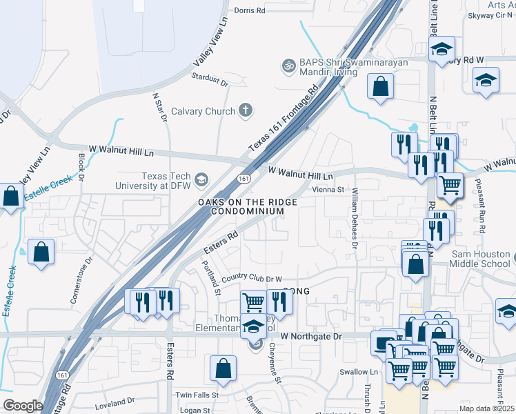 map of restaurants, bars, coffee shops, grocery stores, and more near in Irving