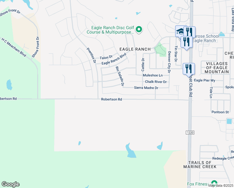 map of restaurants, bars, coffee shops, grocery stores, and more near 6821 Sierra Madre Drive in Fort Worth