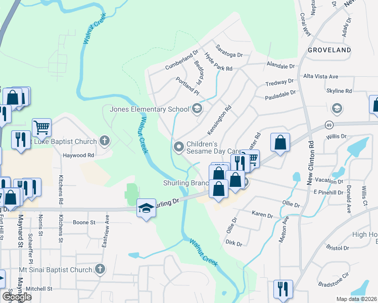 map of restaurants, bars, coffee shops, grocery stores, and more near 2309 Kensington Road in Macon