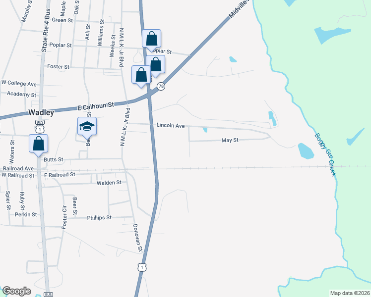 map of restaurants, bars, coffee shops, grocery stores, and more near 208 Morris Street in Wadley