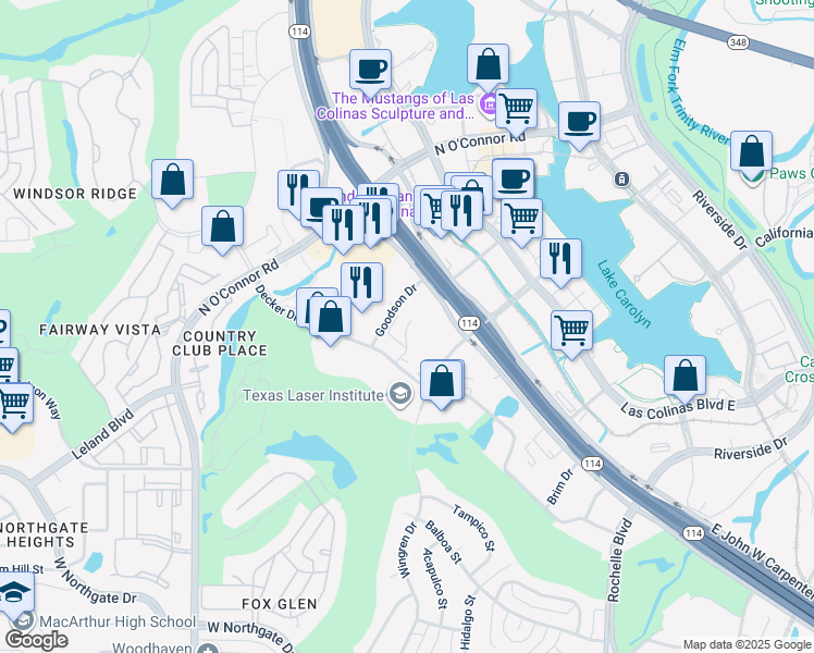 map of restaurants, bars, coffee shops, grocery stores, and more near 290 East John Carpenter Freeway in Irving