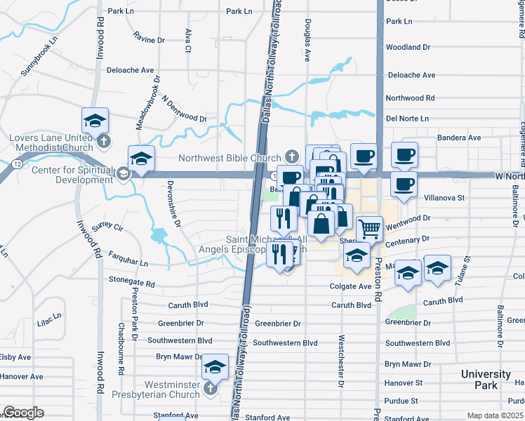 map of restaurants, bars, coffee shops, grocery stores, and more near 5905 Luther Lane in Dallas