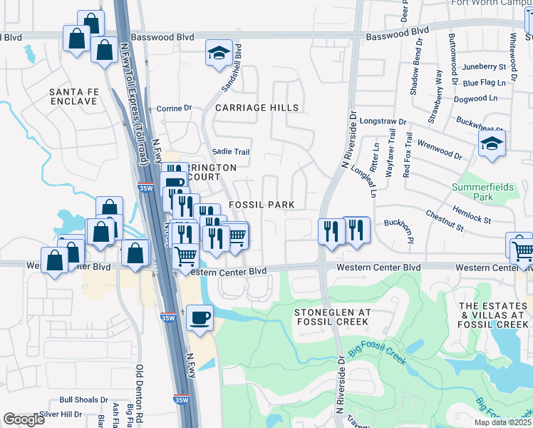 map of restaurants, bars, coffee shops, grocery stores, and more near 3411 Baby Doe Court in Fort Worth