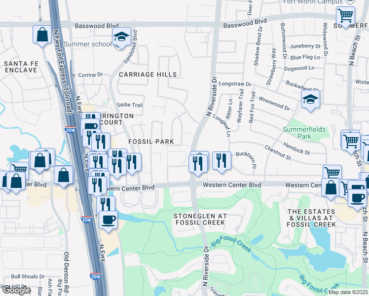 map of restaurants, bars, coffee shops, grocery stores, and more near 3524 Paladin Place in Fort Worth
