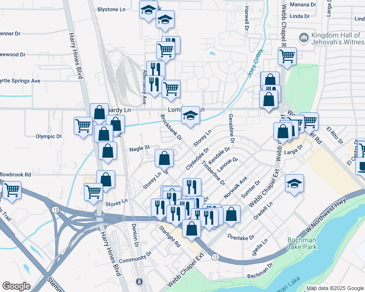 map of restaurants, bars, coffee shops, grocery stores, and more near 9501 Brockbank Drive in Dallas