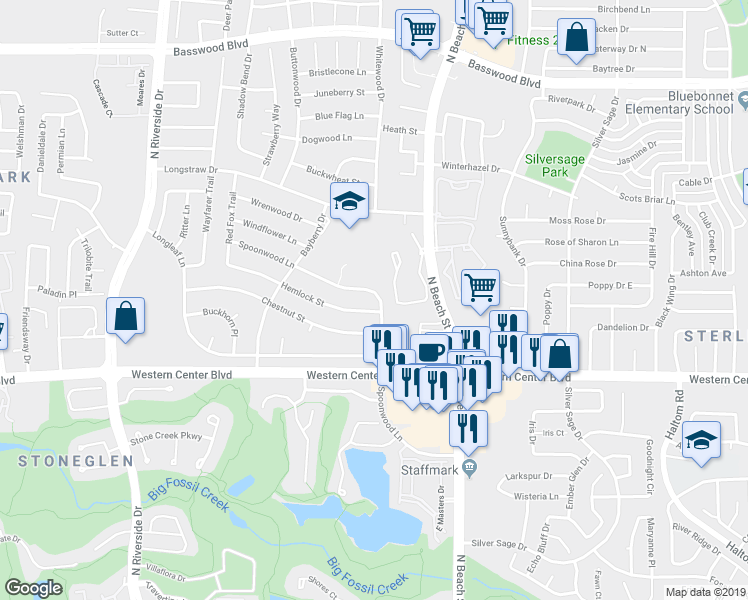 map of restaurants, bars, coffee shops, grocery stores, and more near 6705 Spoonwood Lane in Fort Worth