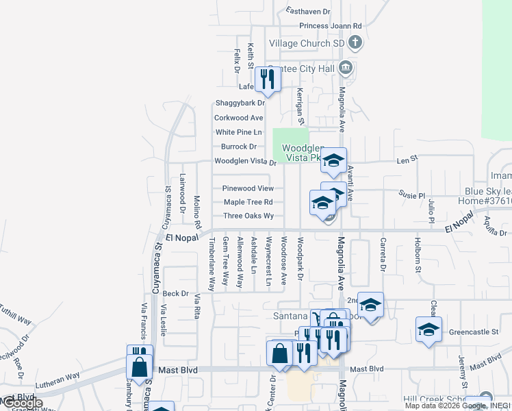 map of restaurants, bars, coffee shops, grocery stores, and more near 10142 3 Oaks Way in Santee