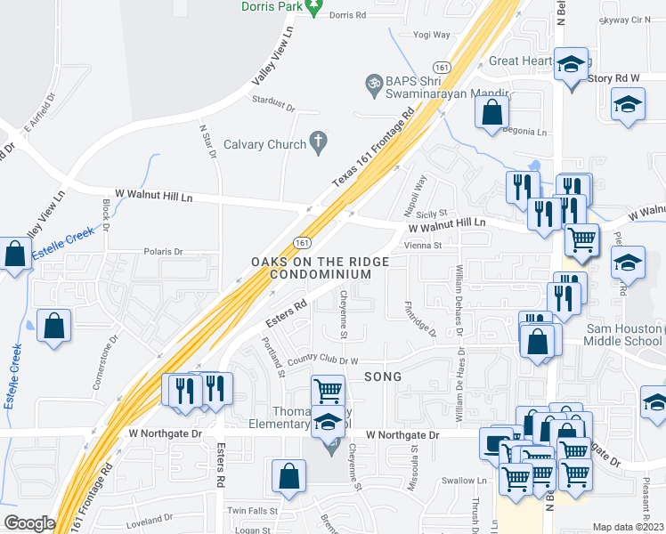 map of restaurants, bars, coffee shops, grocery stores, and more near 4113 Esters Road in Irving