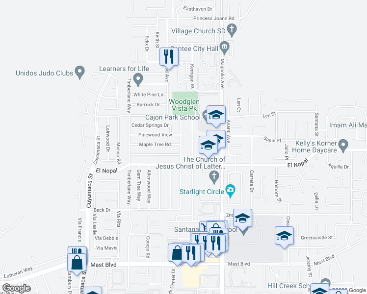 map of restaurants, bars, coffee shops, grocery stores, and more near 10245 Woodrose Avenue in Santee
