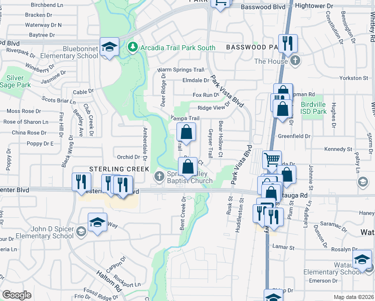 map of restaurants, bars, coffee shops, grocery stores, and more near 6709 Cedar View Trail in Fort Worth