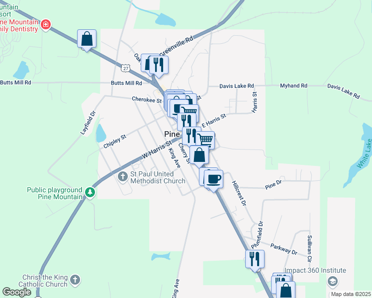 map of restaurants, bars, coffee shops, grocery stores, and more near 128 South Main Avenue in Pine Mountain